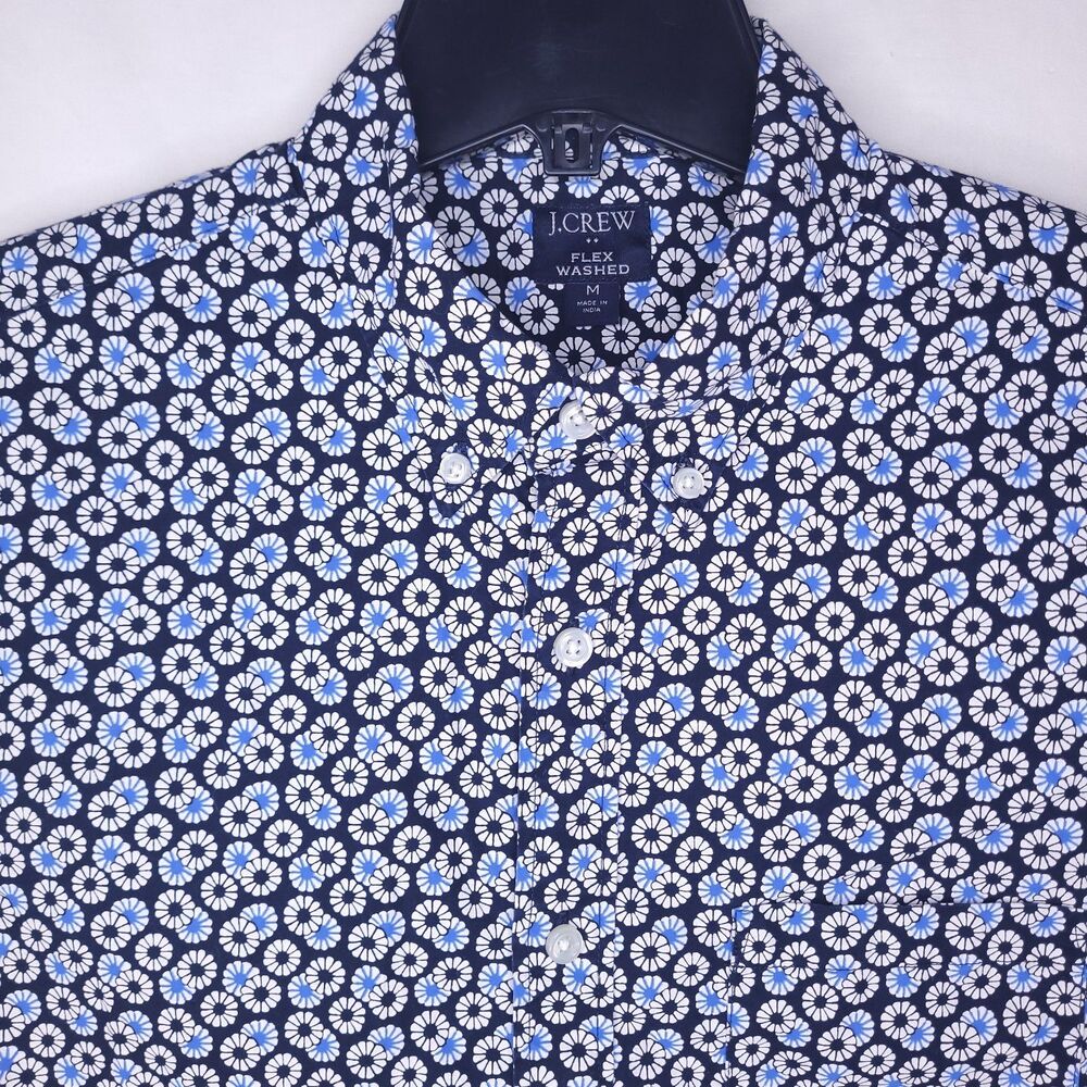 J Crew Shirt Mens Medium Floral Blue Geometric Printed Slim Fit Flex Washed